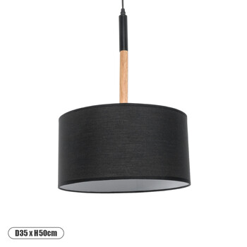 GloboStar® BRONX 01517 Μοντέρνο Κρεμαστό Φωτιστικό Καπέλο Μονόφωτο 1 x E27 IP20 Μαύρο Ύφασμα με Μπεζ Ξύλο - Μ35 x Π35 x Υ50cm
