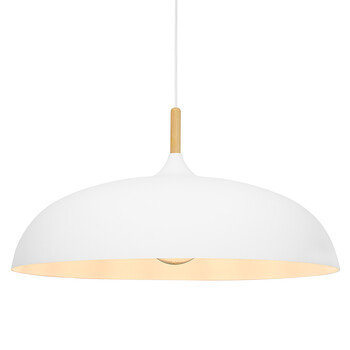 GloboStar® VALLETE 00837 Μοντέρνο Κρεμαστό Φωτιστικό Καμπάνα Μονόφωτο 1 x E27 IP20 Λευκό Μέταλλο με Μπεζ Ξύλο - Μ60 x Π60 x Υ35cm