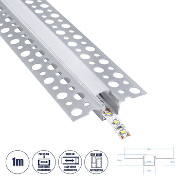 GloboStar® PLASTERBOARD-PROFILE 70838-1M Προφίλ Αλουμινίου - Βάση & Ψύκτρα Ταινίας LED με Λευκό Γαλακτερό Κάλυμμα - Χωνευτή Χρήση σε Γυψοσανίδα - Trimless - Πατητό Κάλυμμα - Ασημί - 1 Μέτρο - Μ100 x Π5.6 x Υ1.5cm