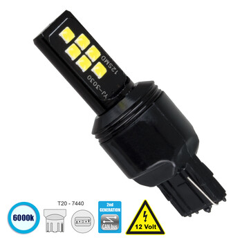GloboStar® 81157 Λάμπα Αυτοκίνητου T20 - 7440 - W21W 2nd Generation Can-Bus Series LED 12 SMD 3030 8W 1200lm 360° DC 12V IP20 Ψυχρό Λευκό 6000K
