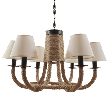 GloboStar® VERONE 10001020 Vintage Κρεμαστό Φωτιστικό Πλέγμα Πολύφωτο 6 x E14 IP20 Μπεζ Ύφασμα με Μπεζ Σχοινί - Μ65 x Π65 x Υ45cm