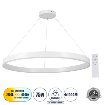 GloboStar® VENOM 61183 Κρεμαστό Φωτιστικό Δαχτυλίδι-Κύκλος LED CCT 75W 8818lm 120° AC 220-240V - Εναλλαγή Φωτισμού μέσω Τηλεχειριστηρίου All In One Ψυχρό 6000K+Φυσικό 4500K+Θερμό 2700K Dimmable Φ100cm - Λευκό - 3 Years Warranty