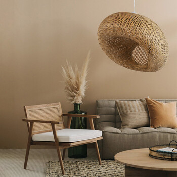 GloboStar® CARIBBEAN 01723 Boho Κρεμαστό Φωτιστικό Πλέγμα Μονόφωτο 1 x E27 IP20 Μπεζ Ξύλο - Μ45 x Π45 x Υ24cm