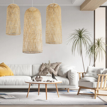 GloboStar® CALERO 01711 Boho Κρεμαστό Φωτιστικό Πλέγμα Μονόφωτο 1 x E27 IP20 Μπεζ Ξύλο - Μ30 x Π30 x Υ70cm