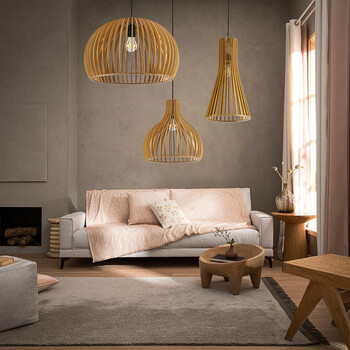 GloboStar® SCANDINAVIA 01699 Μοντέρνο Κρεμαστό Φωτιστικό Πλέγμα Μονόφωτο 1 x E27 IP20 Μπεζ Ξύλο - Μ44 x Π44 x Υ28cm
