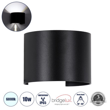 GloboStar® AXIS-R 60643 Φωτιστικό Τοίχου - Απλίκα Αρχιτεκτονικού Φωτισμού Εσωτερικού/Εξωτερικού Χώρου Up & Down LED 10W 1250lm 10 έως 60° AC 220-240V Αδιάβροχο IP65 Μ10 x Π10 x Υ10cm - Ψυχρό Λευκό 6000K - Μαύρο - Bridgelux Chip - 3 Years Warranty