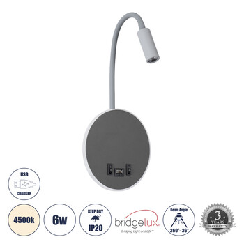 GloboStar® GOOSE 60882 Μοντέρνο Φωτιστικό Τοίχου - Απλίκα Ξενοδοχείου Bed Side LED 6W 600lm 36° & 360° AC 220-240V - Reading Light & 360° Κρυφός Φωτισμός - Φορτιστής USB 3A - Μ15.5 x Π15 x Υ30.5cm - Φυσικό Λευκό 4500K - Γκρι Ανθρακί - 3 Xρόνια Εγγύηση