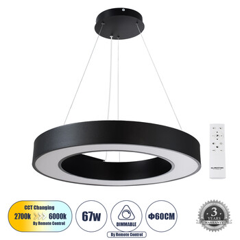 GloboStar® RA 61194 Κρεμαστό Φωτιστικό Δαχτυλίδι-Κύκλος LED CCT 67W 7370lm 120° AC 220-240V - Εναλλαγή Φωτισμού μέσω Τηλεχειριστηρίου All In One Ψυχρό 6000k+Φυσικό 4500k+Θερμό 2700k Dimmable Φ60cm - Μαύρο - 3 Years Warranty