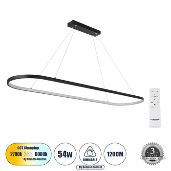 GloboStar® BOLIVAR 61271 Κρεμαστό Φωτιστικό Οροφής Design LED CCT 54W 6210lm 300° AC 220-240V - Εναλλαγή Φωτισμού μέσω Τηλεχειριστηρίου All In One Ψυχρό 6000k+Φυσικό 4500k+Θερμό 2700k Dimmable Μ120 x Π30 x Υ2cm - Μαύρο - 3 Years Warranty