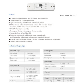 GloboStar® 70671 S1-D SKYDANCE AC Triac DMX Dimmer 2 Καναλιών AC 100-240V 2 x 1A 240W - Max 2A 480W - IP20 Μ16.7 x Π5 x Υ2.4cm - 5 Years Warranty
