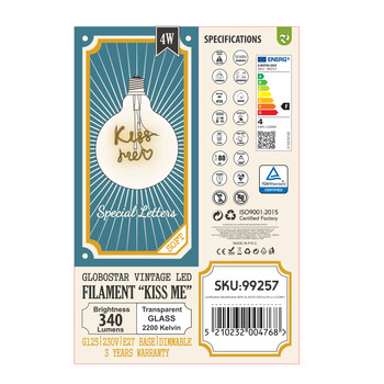 GloboStar® 99257 Λάμπα LED Ultra Thin Soft S Spiral Letter Filament E27 G125 KISS ME Γλόμπος 4W 340lm 360° AC 220-240V IP20 Φ12.5 x Υ18cm Ultra Θερμό Λευκό 2200K με Διάφανο Γυαλί - Dimmable - 3 Χρόνια Εγγύηση