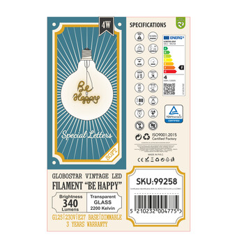 GloboStar® 99258 Λάμπα LED Ultra Thin Soft S Spiral Letter Filament E27 G125 BE HAPPY Γλόμπος 4W 340lm 360° AC 220-240V IP20 Φ12.5 x Υ18cm Ultra Θερμό Λευκό 2200K με Διάφανο Γυαλί - Dimmable - 3 Years Warranty