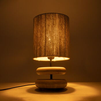 GloboStar® TUVALU 02236 Boho Επιτραπέζιο Φωτιστικό Πορτατίφ Μονόφωτο 1 x E27 IP20 Καφέ Ξύλο με Μπεζ Νήμα - Μ22 x Π22 x Υ42cm