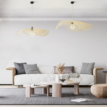 GloboStar® MELEMELE 01842 Boho Κρεμαστό Φωτιστικό Πλέγμα Μονόφωτο 1 x E27 IP20 Μπεζ Ξύλο - Μ100 x Π100 x Υ12cm