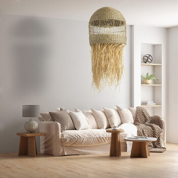 GloboStar® SAINTLUCIA 02161 Boho Κρεμαστό Φωτιστικό Πλεγμα Μονόφωτο 1 x E27 IP20 Μπεζ Raffia - Μ66 x Π66 x Υ120cm
