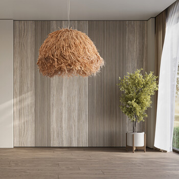 GloboStar® GUADELOUPE 02155 Boho Κρεμαστό Φωτιστικό Καμπάνα Μονόφωτο 1 x E27 IP20 Καφέ Ράφια - Μ80 x Π80 x Υ60cm