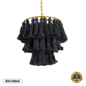 GloboStar® MISSOULA 02087 Boho Κρεμαστό Φωτιστικό Σχοινί Μονόφωτο 1 x E27 IP20 Μαύρο Ύφασμα με Χρυσό Μέταλλο - Μ30 x Π30 x Υ40cm