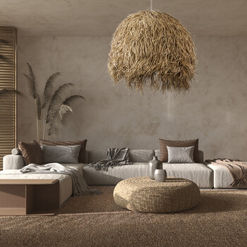 GloboStar® GUADELOUPE 02159 Boho Κρεμαστό Φωτιστικό Καμπάνα Μονόφωτο 1 x E27 IP20 Μπεζ Ράφια - Μ120 x Π120 x Υ100cm