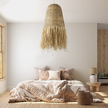 GloboStar® PORTOFERRAIO 02190 Boho Κρεμαστό Φωτιστικό Καμπάνα Μονόφωτο 1 x E27 IP20 Μπεζ Raffia - Μ60 x Π60 x Υ120cm
