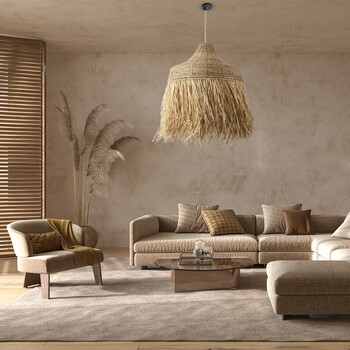 GloboStar® PORTOFERRAIO 02186 Boho Κρεμαστό Φωτιστικό Καμπάνα Μονόφωτο 1 x E27 IP20 Μπεζ Raffia - Μ80 x Π80 x Υ120cm