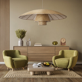 GloboStar® ZORA 02140 Boho Κρεμαστό Φωτιστικό Καμπάνα Μονόφωτο 1 x E27 IP20 Μπεζ Rattan - Μ120 x Π120 x Υ40cm