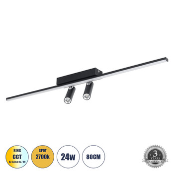 GLOBOSTAR® BARETTI 61226 Φωτιστικό Οροφής Linear Design LED CCT με Κινούμενα Σποτ LED Downlight 24W 2688lm 160° & 45° AC 220-240V IP20  - Εναλλαγή Φωτισμού μέσω Διακόπτη On/Off All In One Ψυχρό 6000k+Φυσικό 4500k+Θερμό 2700k - Μ80 x Π5.5 x Υ5 cm - Μαύρο - 3 Χρόνια Εγγύηση