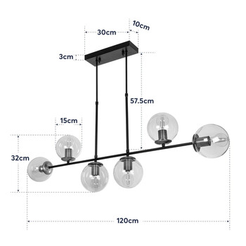 GloboStar® LATTICE 203-0016 Μοντέρνο Κρεμαστό Φωτιστικό Ράγα Πολύφωτο 6 x E27 IP20 Μαύρο & Μπρούτζινο Μέταλλο με Mελί Γυαλί - Μ120 x Π15 x Υ32cm