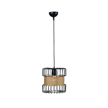 GloboStar® ORB 201-0096 Vintage Κρεμαστό Φωτιστικό Πλέγμα Μονόφωτο 1 x E27 IP20 Μαύρο Μέταλλο με Μπεζ Σχοινί - Μ28 x Π28 x Υ80cm
