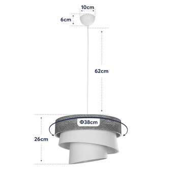 GloboStar® SIERA 203-0170 Μοντέρνο Κρεμαστό Φωτιστικό Καπέλο Μονόφωτο 1 x E27 IP20 Γκρι & Λευκό Ύφασμα - Μ38 x Π38 x Υ95cm