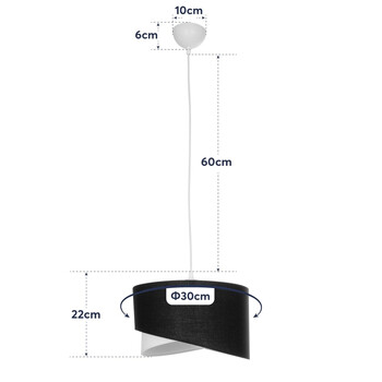 GloboStar® LILI 203-0176 Μοντέρνο Κρεμαστό Φωτιστικό Καπέλο Μονόφωτο 1 x E27 IP20 Μαύρο & Λευκό Ύφασμα - Μ38 x Π38 x Υ95cm