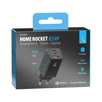 L3871.9/T ΦΟΡΤΙΣΤΗΣ ΜΕ ΟΙΚΙΑΚΗ ΠΡΙΖΑ HOME ROCKET 65W 100/230V 65W ΜΕ 3 ΘΥΡΕΣ USB (USB-A+USB-Cx2) QUICK CHARGE LAMPA - 1 ΤΕΜ.
