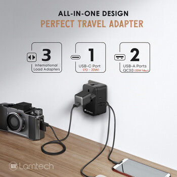LAMTECH UNIVERSAL POWER TRAVEL ADAPTER 2XUSB 1XTYPE-C 20W BLACK