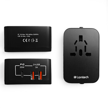 LAMTECH UNIVERSAL POWER TRAVEL ADAPTER 2XUSB 1XTYPE-C 20W BLACK
