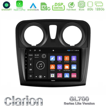 Clarion Gl700 Lite Series 8core Android11 6+128gb Dacia Dokker Navigation Multimedia Tablet 9" με Carplay & Android Auto u-G76l-Dc1132