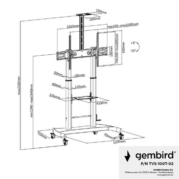 GEMBIRD HEIGHT ADJUSTABLE TV FLOOR STAND WITH CASTER WHEELS 60' - 100'