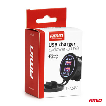 04218/AM ΠΡΙΖΑ ΜΕ 2 ΘΥΡΕΣ USB ΚΑΙ ΚΑΠΑΚΙ 12/24V QUICK CHARGE 3.0 ΑΔΙΑΒΡΟΧΗ ΜΕ ΜΠΛΕ LED ΦΩΣ ΜΑΥΡΗ AMIO - 1 ΤΕΜ.